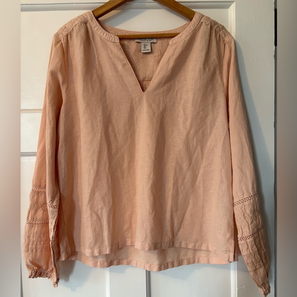 Rachel Zoe Pink Linen Blend Top  Long Sleeve Popover V-Neck Tunic Balletcore